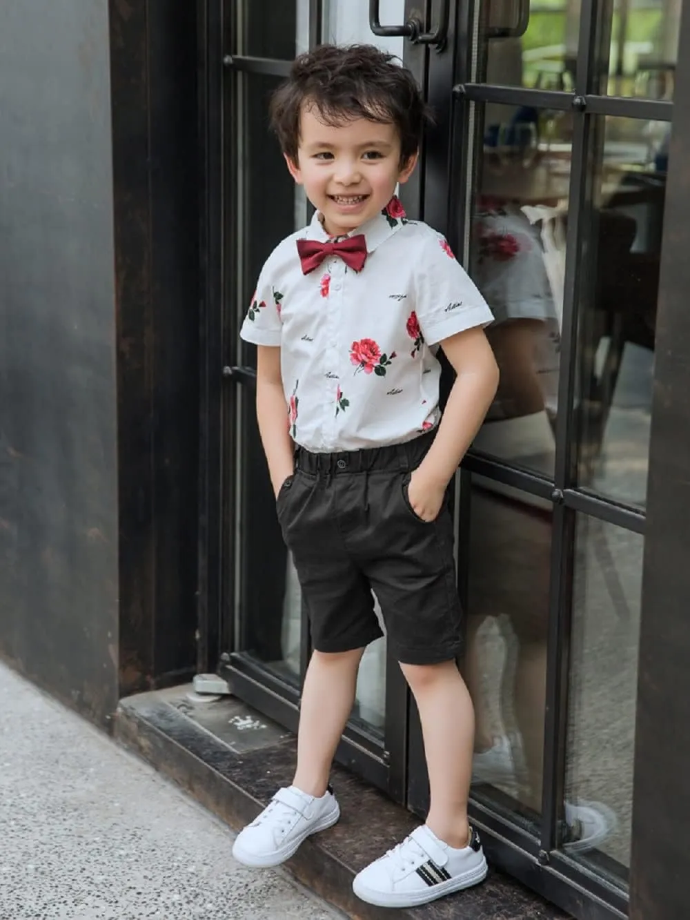 Volunboy Toddler Boy Hawaiian Short Sets Short Sleeve Button Down Shirts Shorts Suit Kids 2 Piece Summer Clothes with Bow Tie