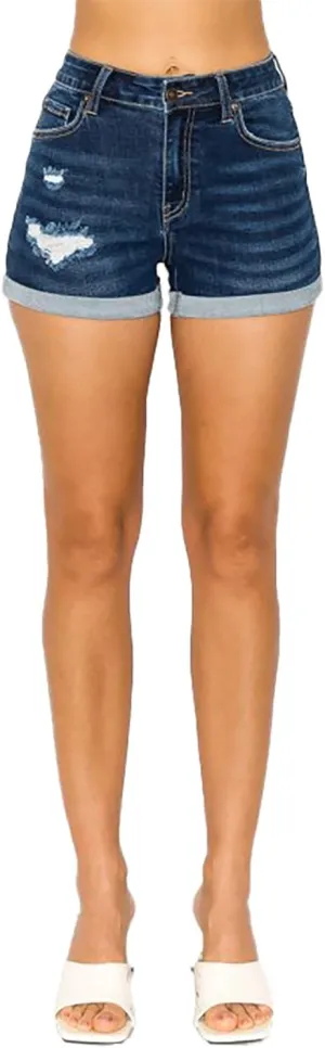 WAX JEAN Mid Rise Rip and Repair Destroyed Denim Shorts