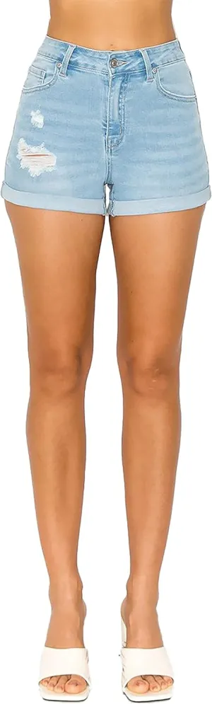 WAX JEAN Mid Rise Rip and Repair Destroyed Denim Shorts