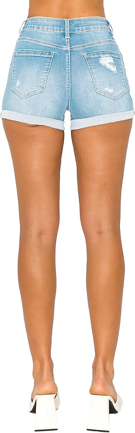WAX JEAN Mid Rise Rip and Repair Destroyed Denim Shorts