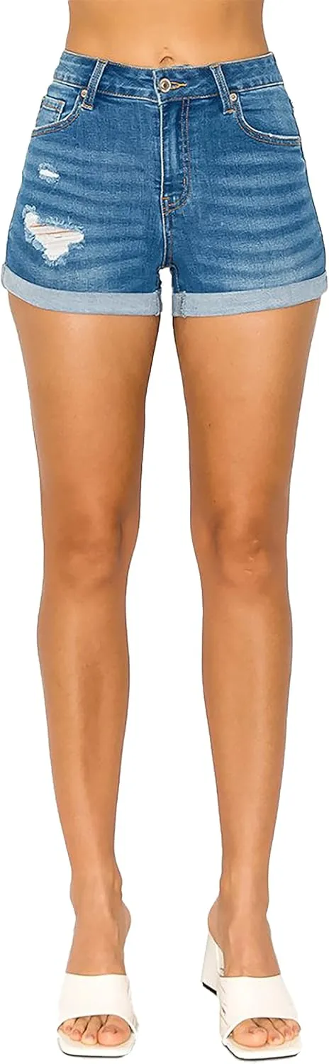WAX JEAN Mid Rise Rip and Repair Destroyed Denim Shorts