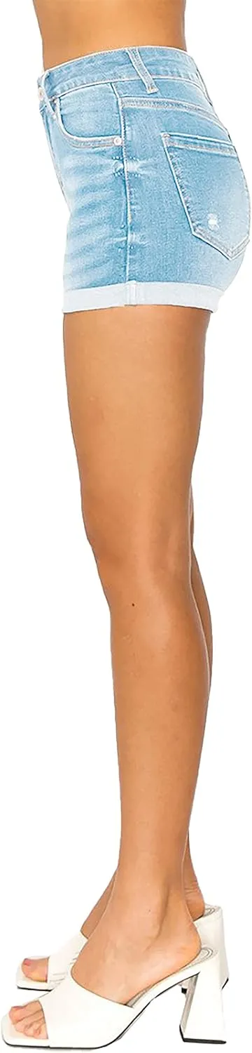 WAX JEAN Mid Rise Rip and Repair Destroyed Denim Shorts