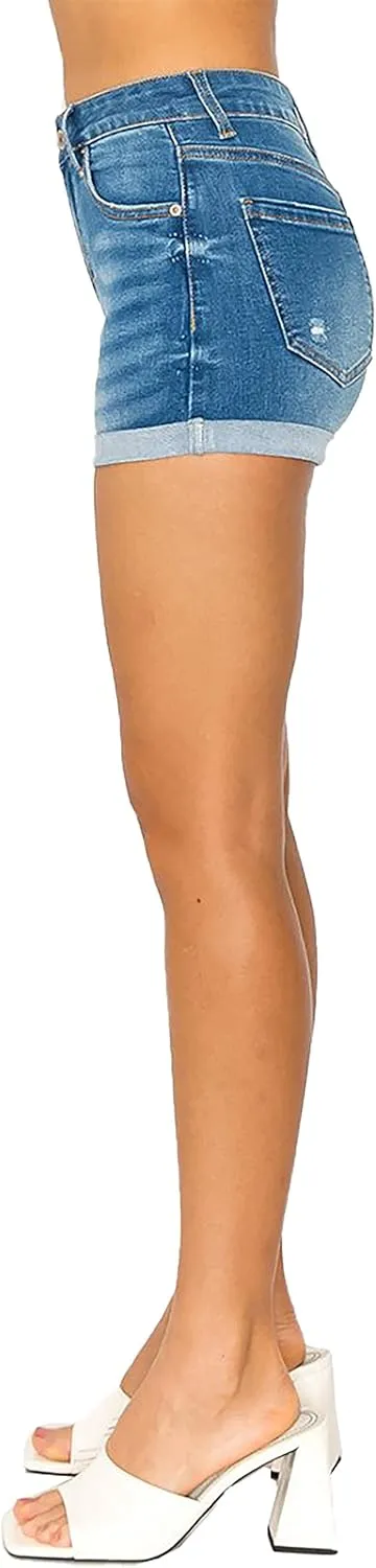 WAX JEAN Mid Rise Rip and Repair Destroyed Denim Shorts