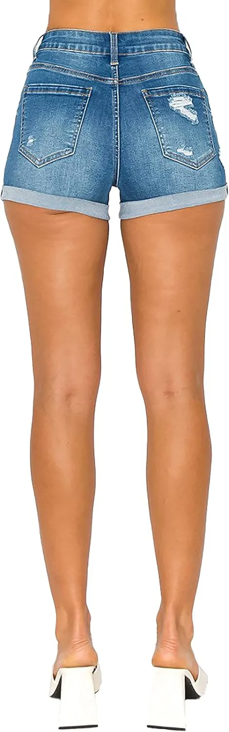 WAX JEAN Mid Rise Rip and Repair Destroyed Denim Shorts
