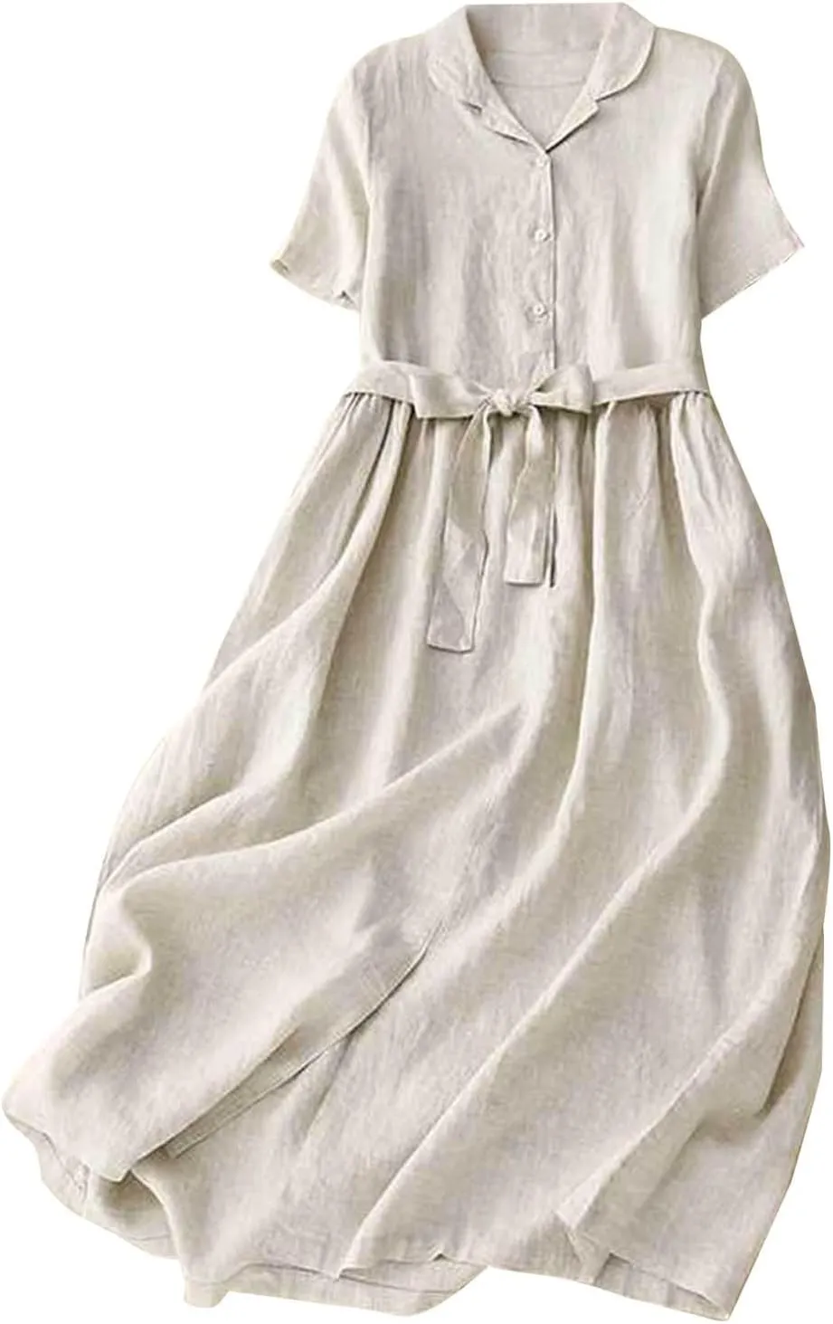 Women Bohemian Cotton Linen Dresses 3/4 Sleeve Maxi Long Dress Plain Classic Dresses Trendy Boho Dresses with Belt