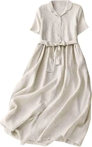 Women Bohemian Cotton Linen Dresses 3/4 Sleeve Maxi Long Dress Plain Classic Dresses Trendy Boho Dresses with Belt
