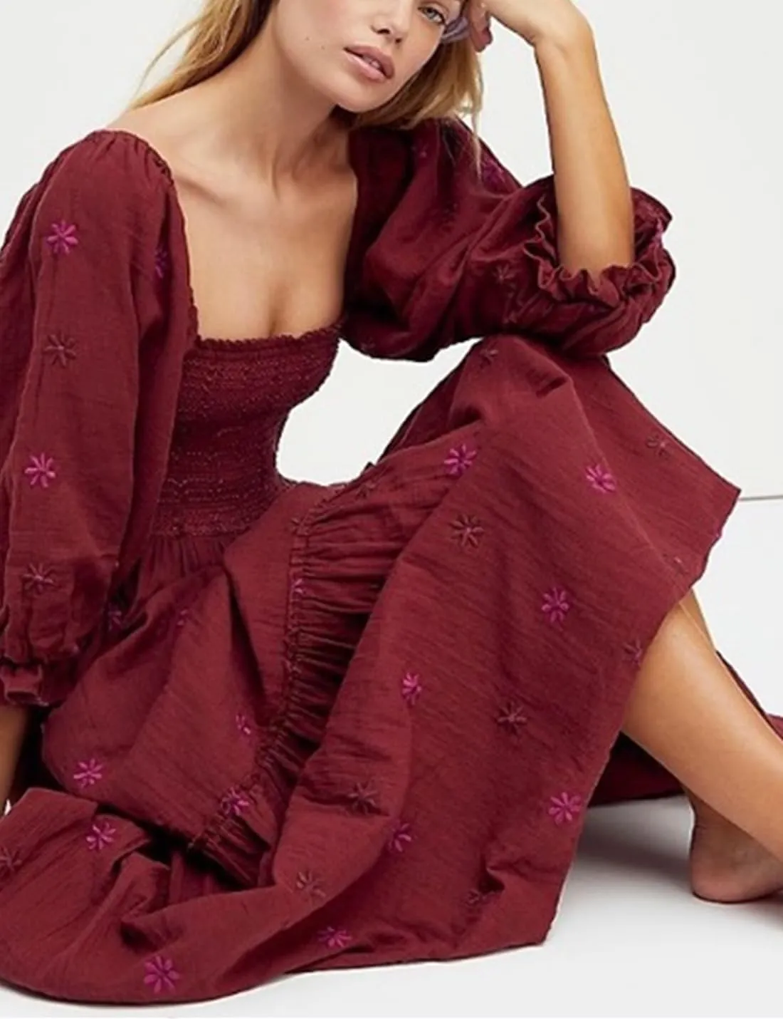 Women Floral Embroidered Maxi Dress Long Puff Sleeve Square Neck Bohemian Flowy Dress with Pockets Smocked Fall Dress