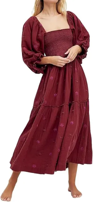 Women Floral Embroidered Maxi Dress Long Puff Sleeve Square Neck Bohemian Flowy Dress with Pockets Smocked Fall Dress
