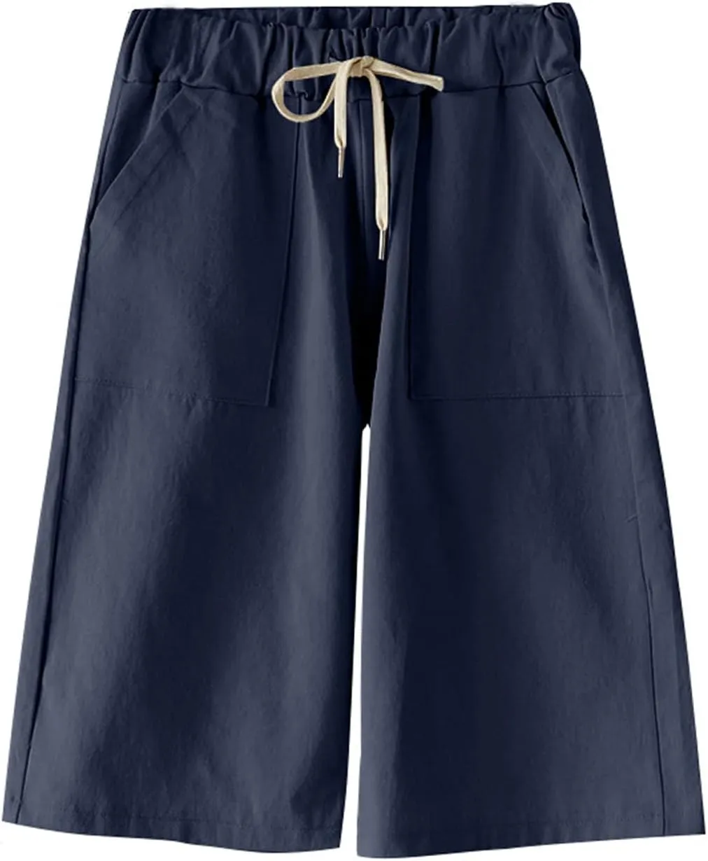 Women's Casual Drawstring Elastic Waist Cotton Baggy Comfy Beach Bermuda Shorts