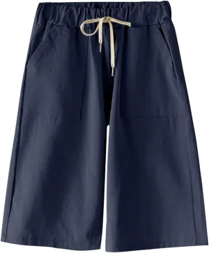 Women's Casual Drawstring Elastic Waist Cotton Baggy Comfy Beach Bermuda Shorts