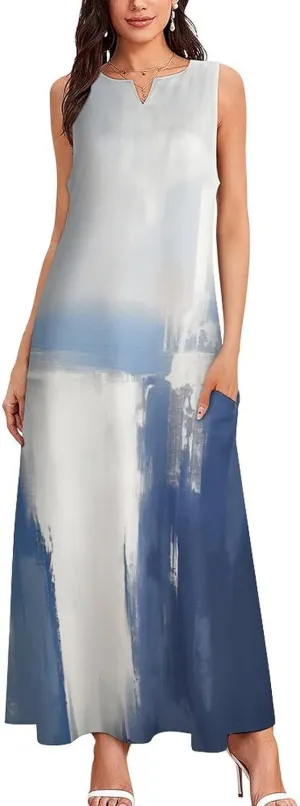 Women's Casual Maxi Dress Blue Painting Sleeveless Loose Plus Size Long Dresses Modern Abstract Style Summer Beach Dresses