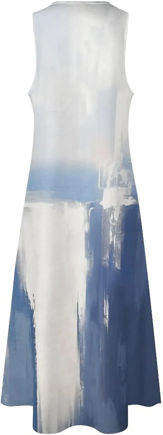 Women's Casual Maxi Dress Blue Painting Sleeveless Loose Plus Size Long Dresses Modern Abstract Style Summer Beach Dresses