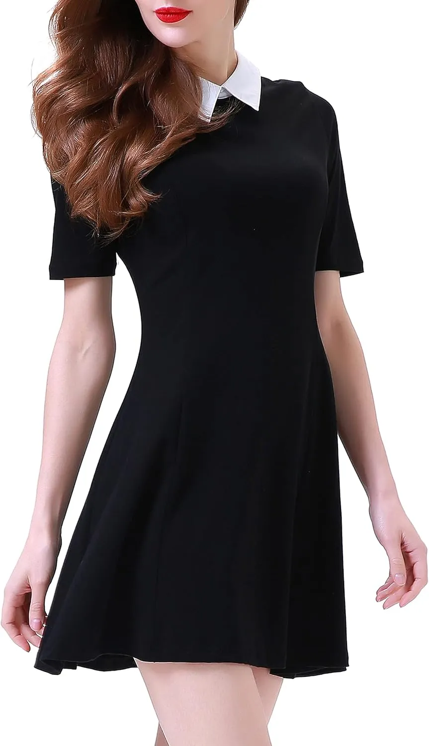 Women's Fall Dresses Cute Peter Pan Collar Fit and Flare Short Skater A Line Casual Goth Dress with Sleeves