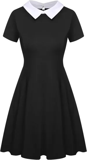 Women's Fall Dresses Cute Peter Pan Collar Fit and Flare Short Skater A Line Casual Goth Dress with Sleeves