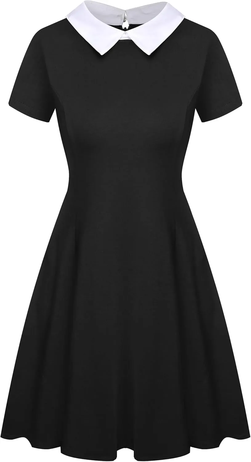Women's Fall Dresses Cute Peter Pan Collar Fit and Flare Short Skater A Line Casual Goth Dress with Sleeves