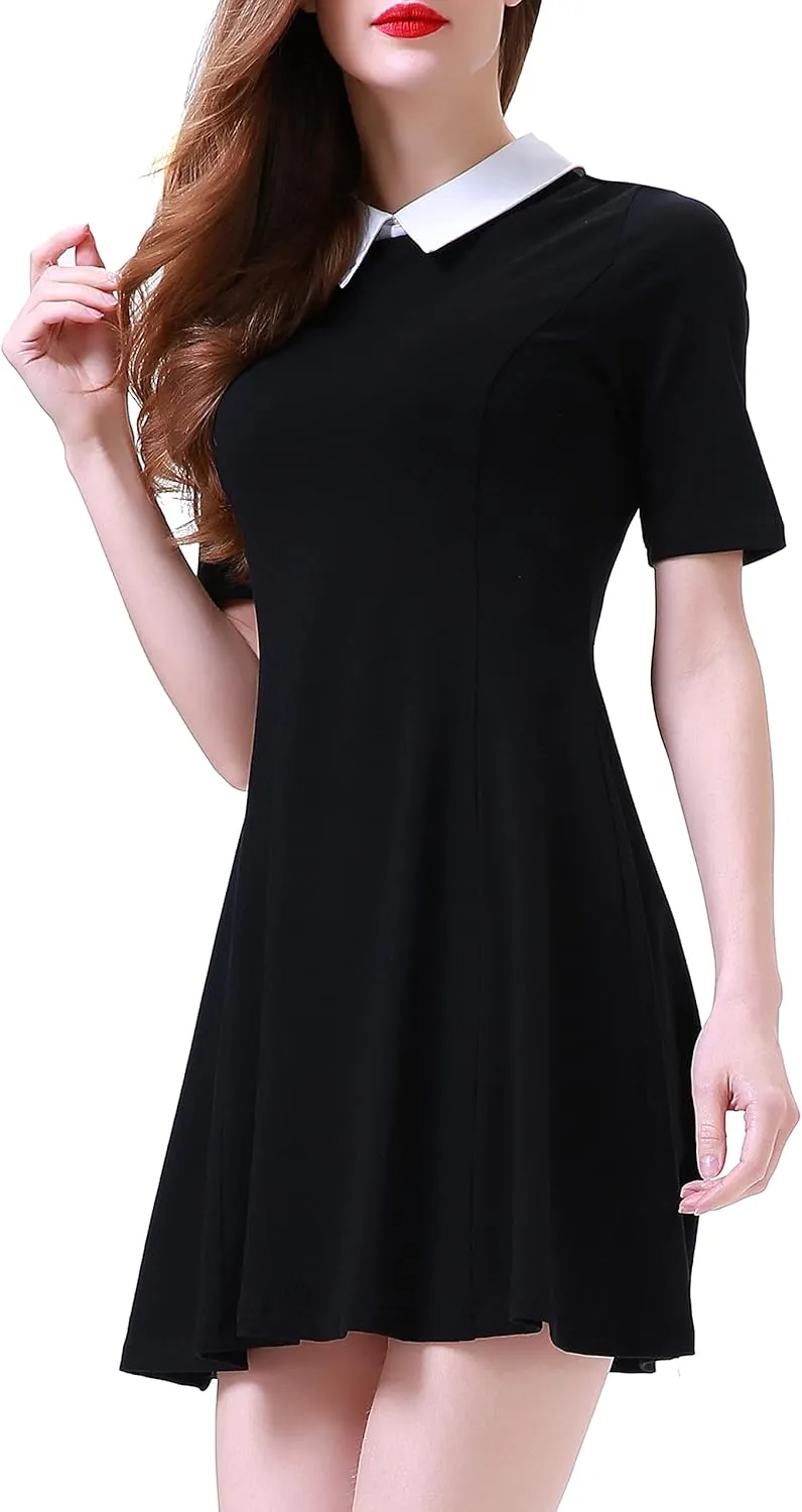 Women's Fall Dresses Cute Peter Pan Collar Fit and Flare Short Skater A Line Casual Goth Dress with Sleeves