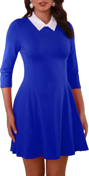 Women's Fall Dresses Cute Peter Pan Collar Fit and Flare Short Skater A Line Casual Goth Dress with Sleeves