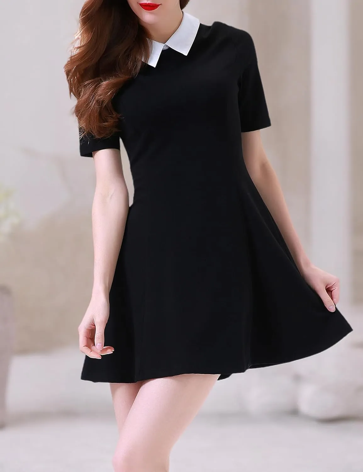 Women's Fall Dresses Cute Peter Pan Collar Fit and Flare Short Skater A Line Casual Goth Dress with Sleeves