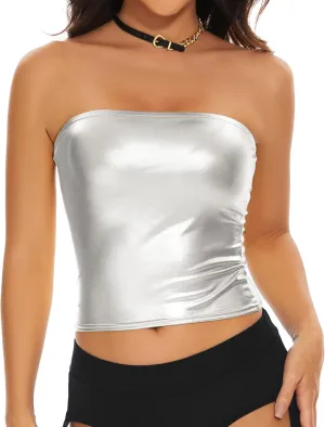 Women's Metallic Crop Tube Top Shiny Strapless Bandeau Bra for Dancing, Raves, Festivals, Costumes