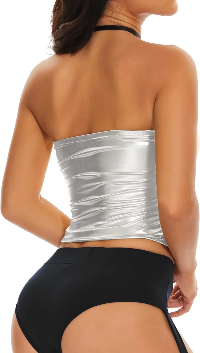 Women's Metallic Crop Tube Top Shiny Strapless Bandeau Bra for Dancing, Raves, Festivals, Costumes