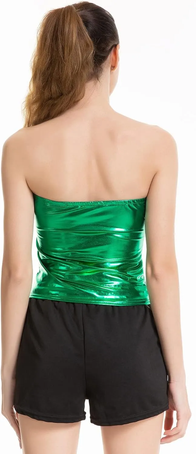 Women's Metallic Crop Tube Top Shiny Strapless Bandeau Bra for Dancing, Raves, Festivals, Costumes
