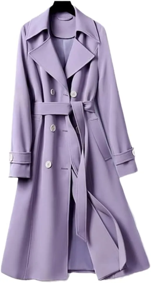 Women's Purple Double Breasted Long Trench Coat Lapel Long Sleeve Slim Belt Spring Autumn Trench Coat