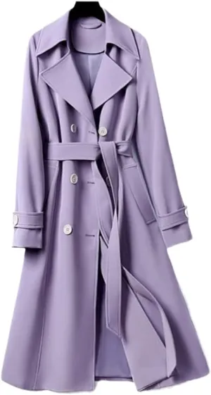 Women's Purple Double Breasted Long Trench Coat Lapel Long Sleeve Slim Belt Spring Autumn Trench Coat