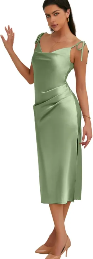 Women's Spaghetti Strap Midi Satin Slik Dress Cowl Neck Elegant Long Slip Ruched Evening Dress Party Cocktail