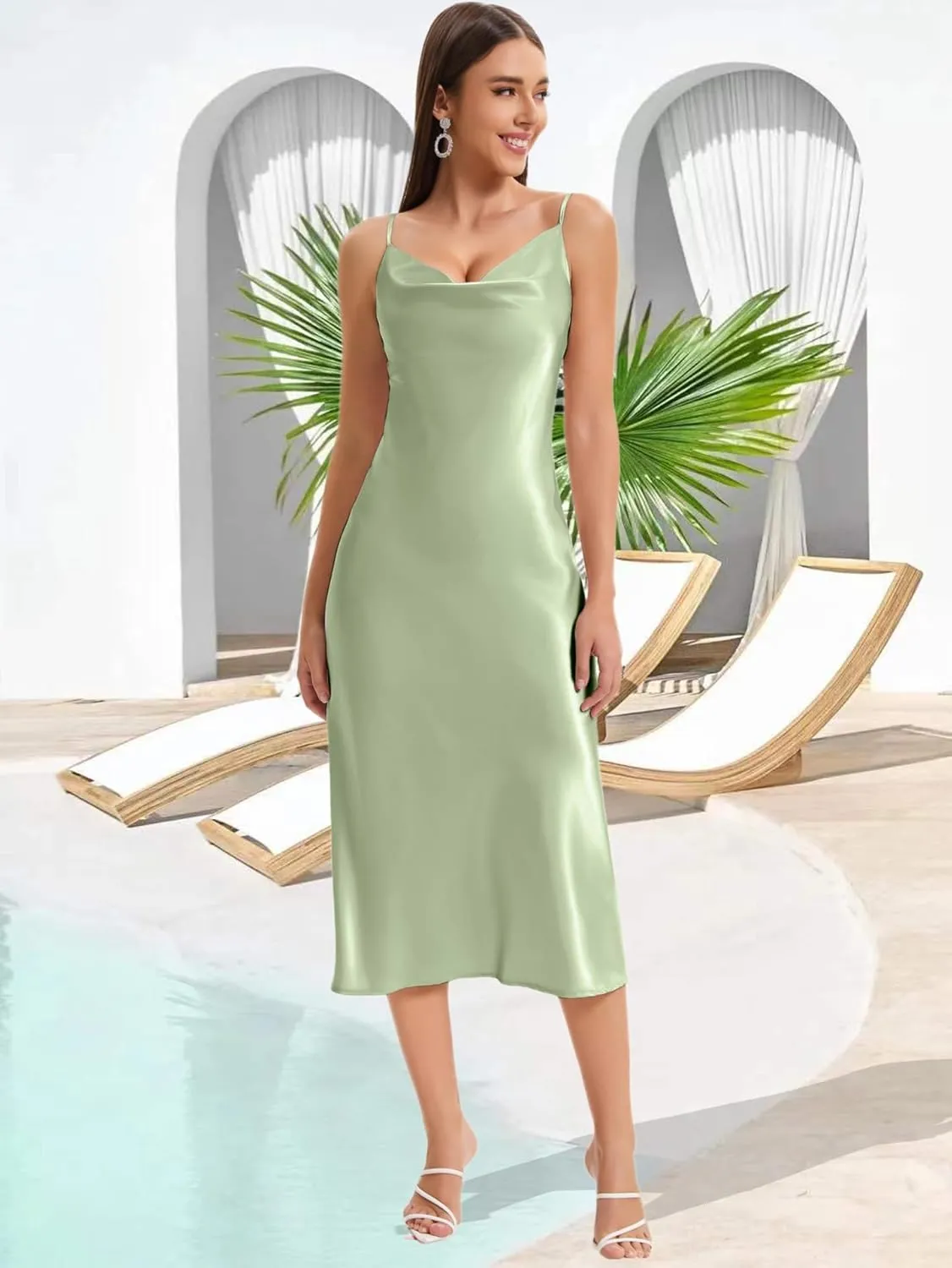 Women's Spaghetti Strap Midi Satin Slik Dress Cowl Neck Long Slip Ruched Evening Dress Party Cocktail
