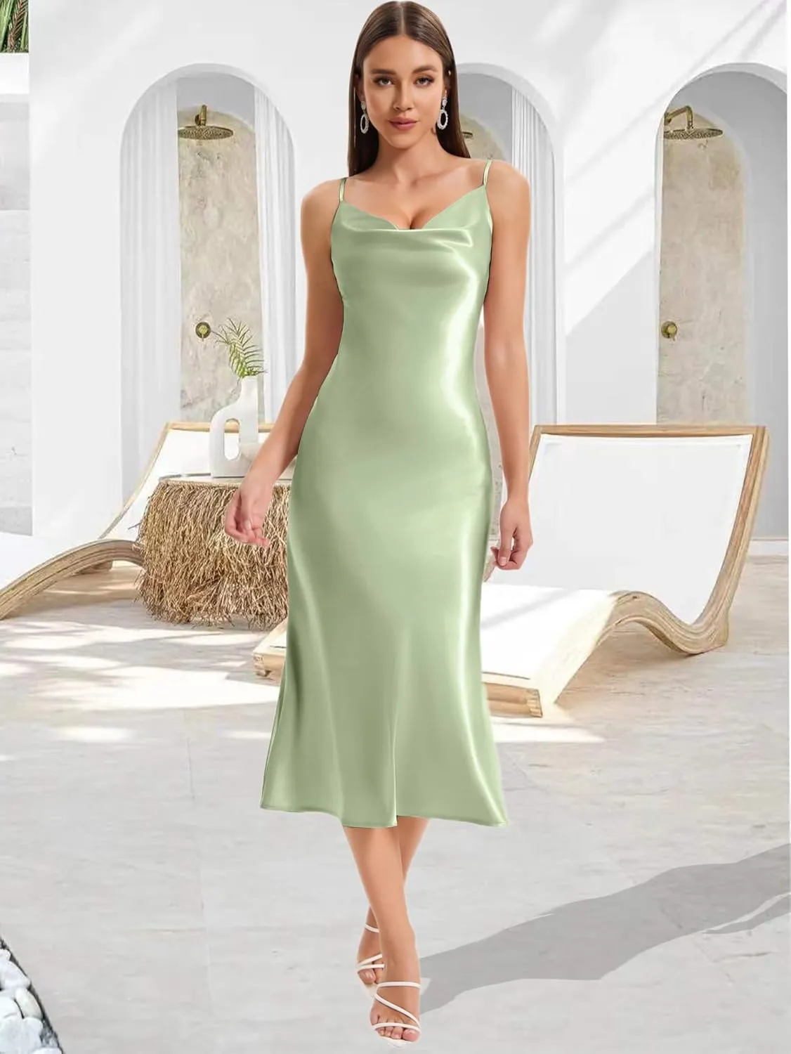 Women's Spaghetti Strap Midi Satin Slik Dress Cowl Neck Long Slip Ruched Evening Dress Party Cocktail