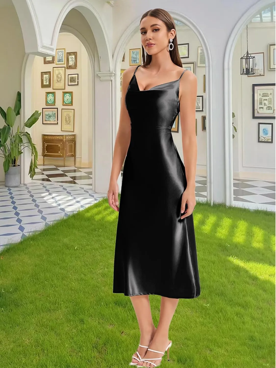 Women's Spaghetti Strap Midi Satin Slik Dress Cowl Neck Long Slip Ruched Evening Dress Party Cocktail
