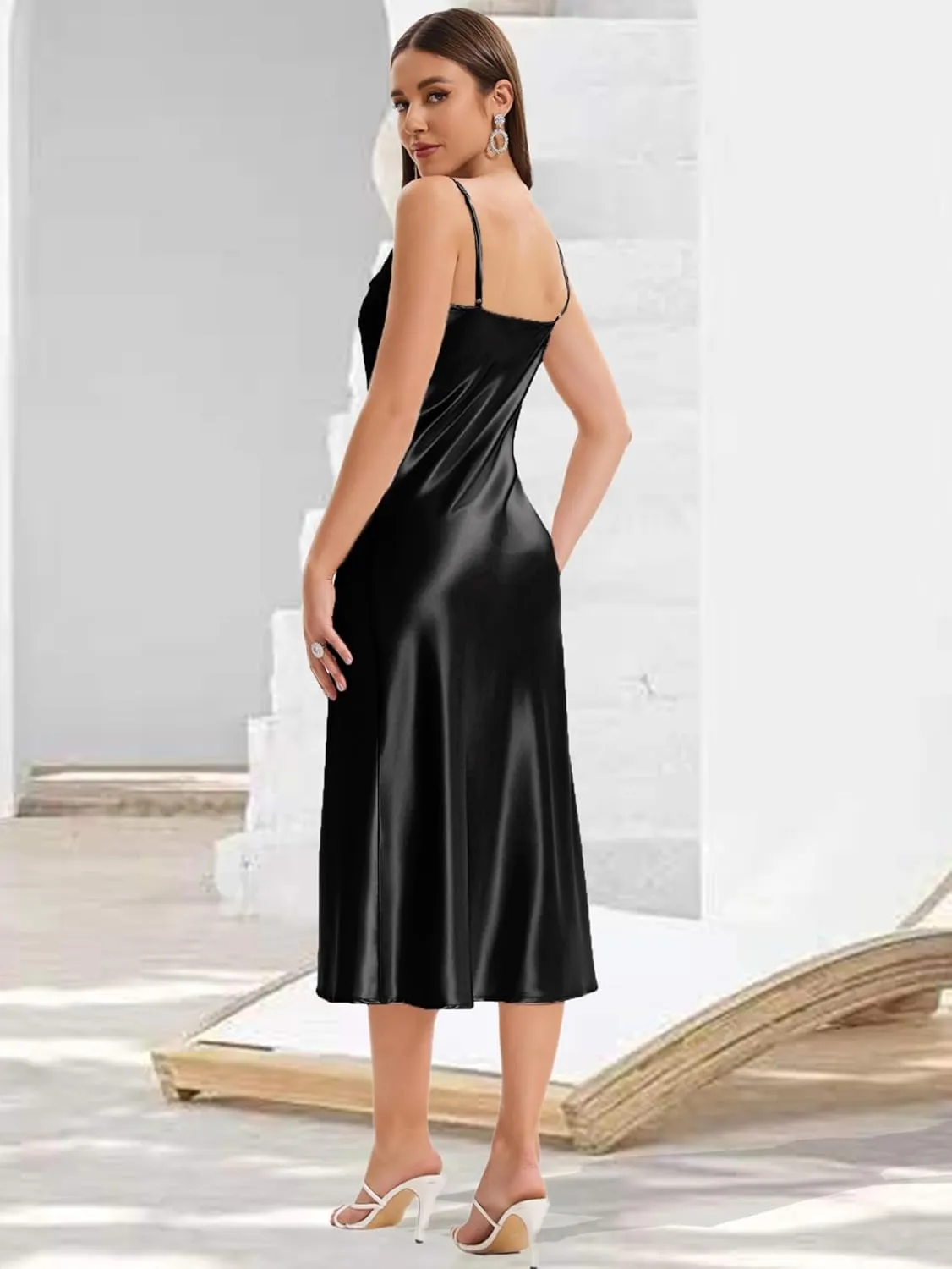 Women's Spaghetti Strap Midi Satin Slik Dress Cowl Neck Long Slip Ruched Evening Dress Party Cocktail