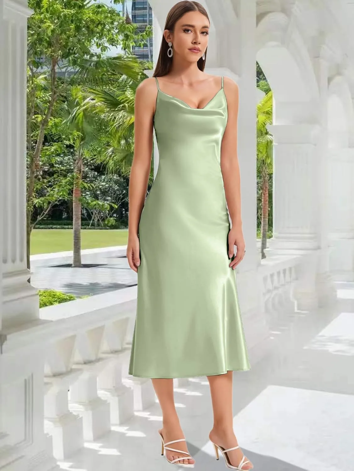 Women's Spaghetti Strap Midi Satin Slik Dress Cowl Neck Long Slip Ruched Evening Dress Party Cocktail