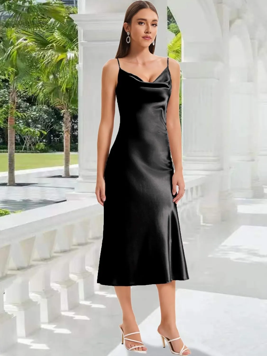 Women's Spaghetti Strap Midi Satin Slik Dress Cowl Neck Long Slip Ruched Evening Dress Party Cocktail