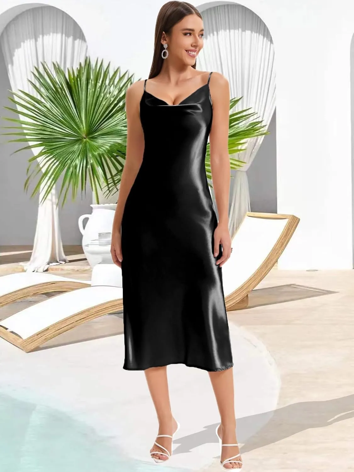Women's Spaghetti Strap Midi Satin Slik Dress Cowl Neck Long Slip Ruched Evening Dress Party Cocktail