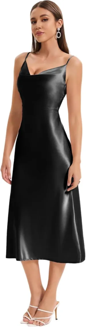Women's Spaghetti Strap Midi Satin Slik Dress Cowl Neck Long Slip Ruched Evening Dress Party Cocktail