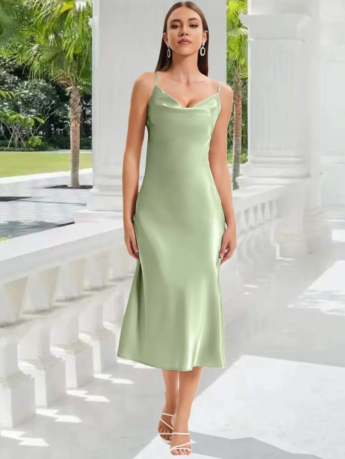 Women's Spaghetti Strap Midi Satin Slik Dress Cowl Neck Long Slip Ruched Evening Dress Party Cocktail