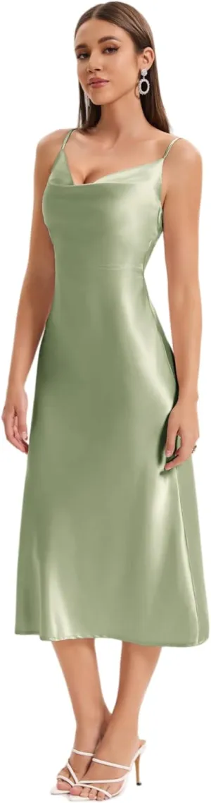 Women's Spaghetti Strap Midi Satin Slik Dress Cowl Neck Long Slip Ruched Evening Dress Party Cocktail