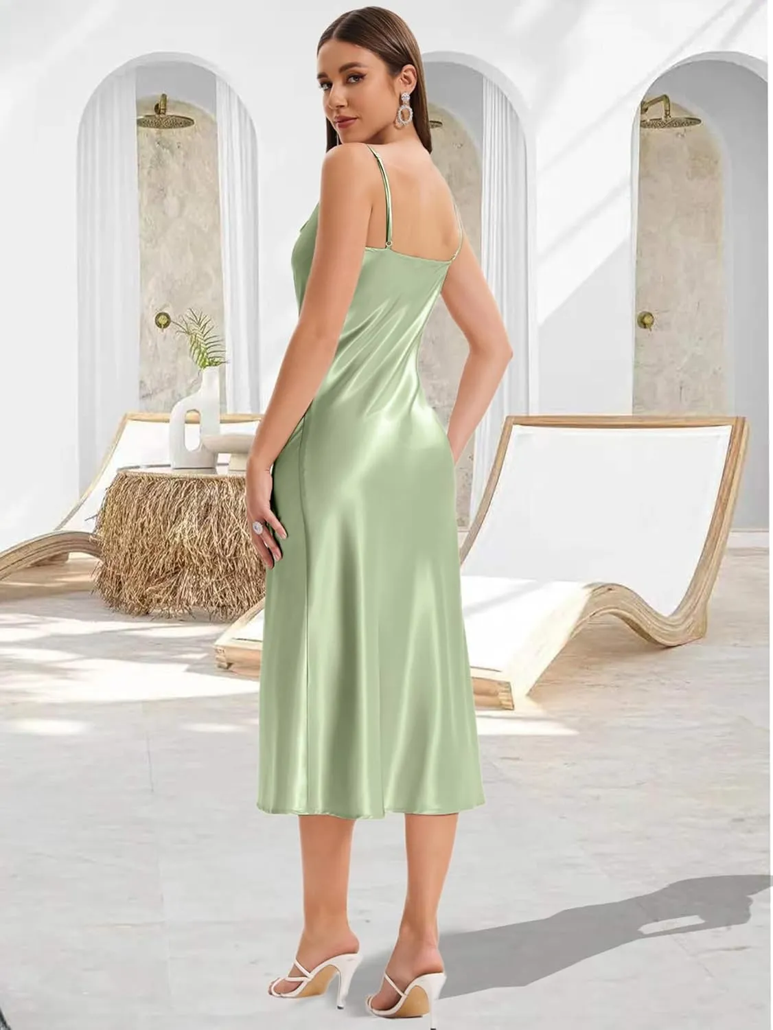 Women's Spaghetti Strap Midi Satin Slik Dress Cowl Neck Long Slip Ruched Evening Dress Party Cocktail