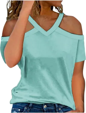 Womens Summer Cold Shoulder Tshirts Casual V Neck Tops Short Sleeve Loose Fit Blouse Trendy Solid Clothing 2025