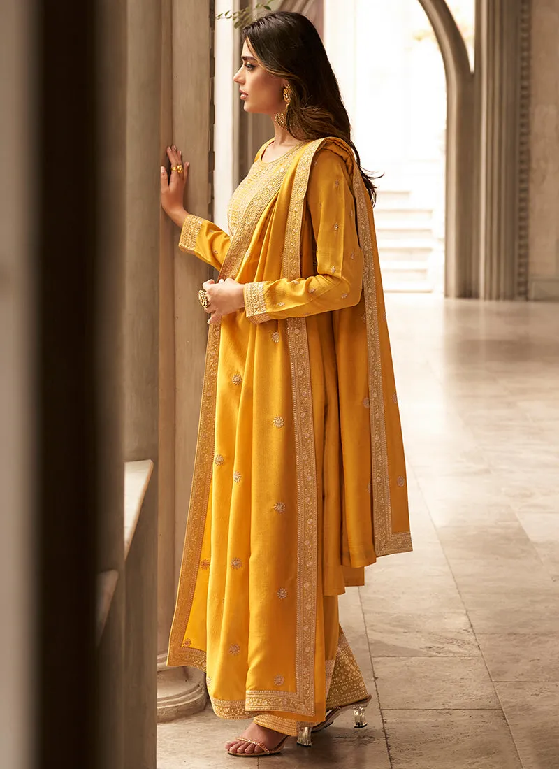 Yellow Sequence Embroidery Silk Palazzo Suit
