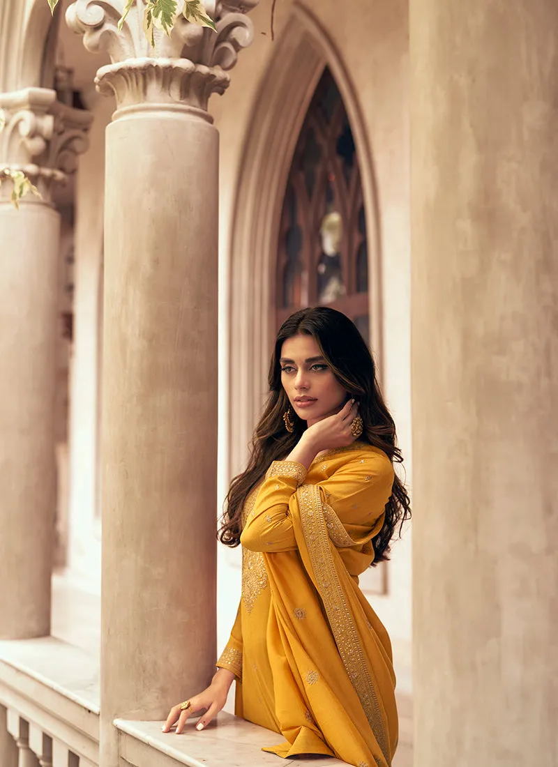 Yellow Sequence Embroidery Silk Palazzo Suit